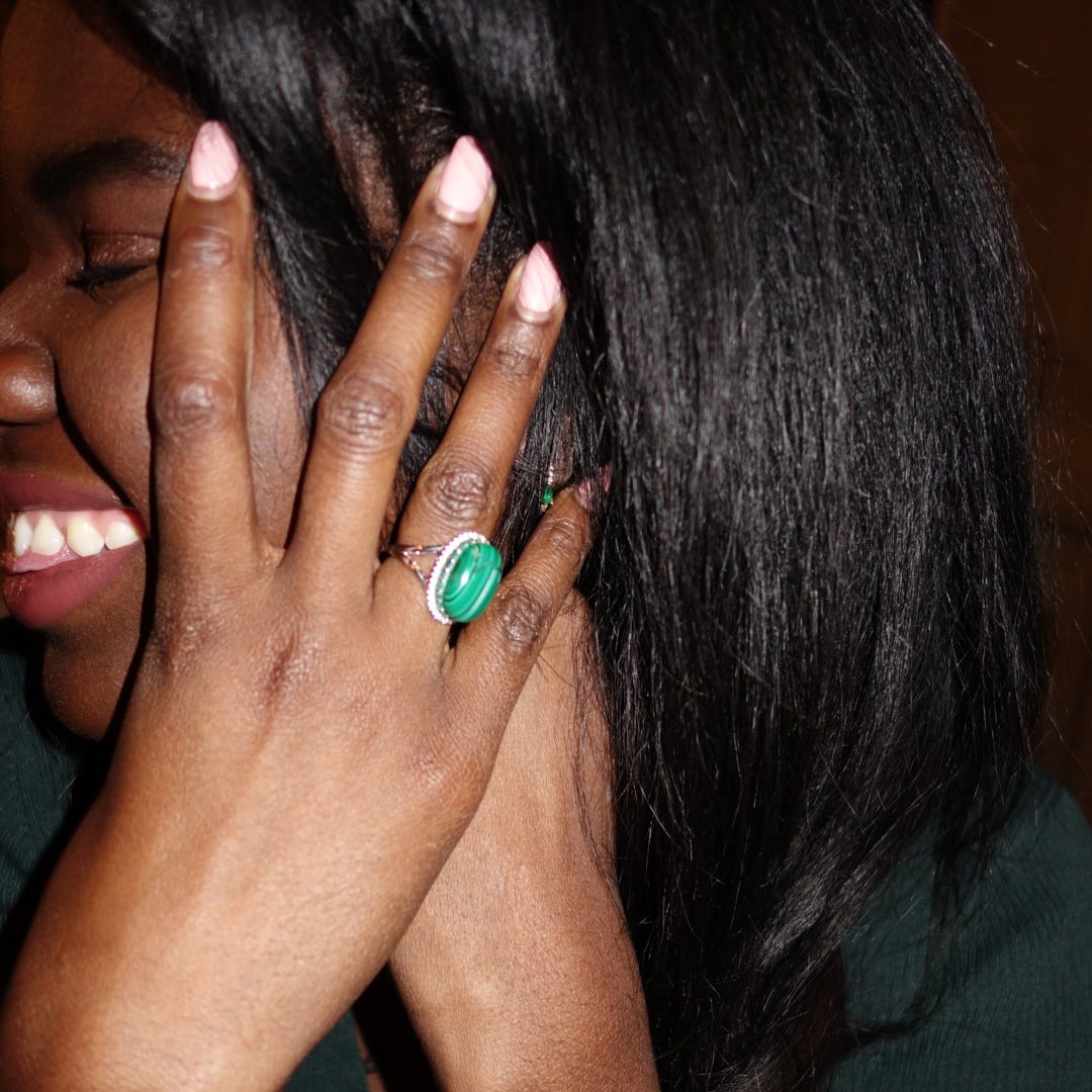Beautiful Neneh wearing our Gold Scarabée ring in Malachite and Diamonds #myritazia ❤️
