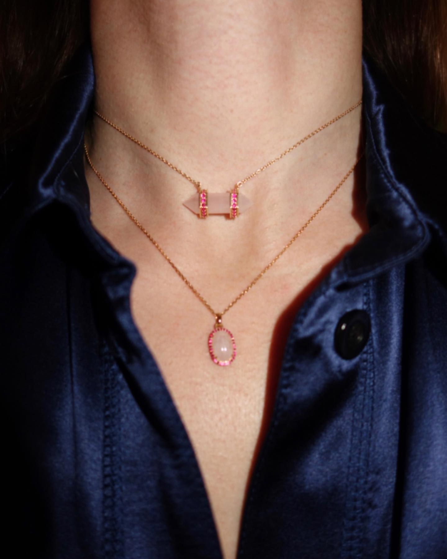 It’s a match ! Gold Pendule necklace and Gold Mini Scarabee necklace in Rose Quartz & Rubis 💗💗💗 #myritazia
