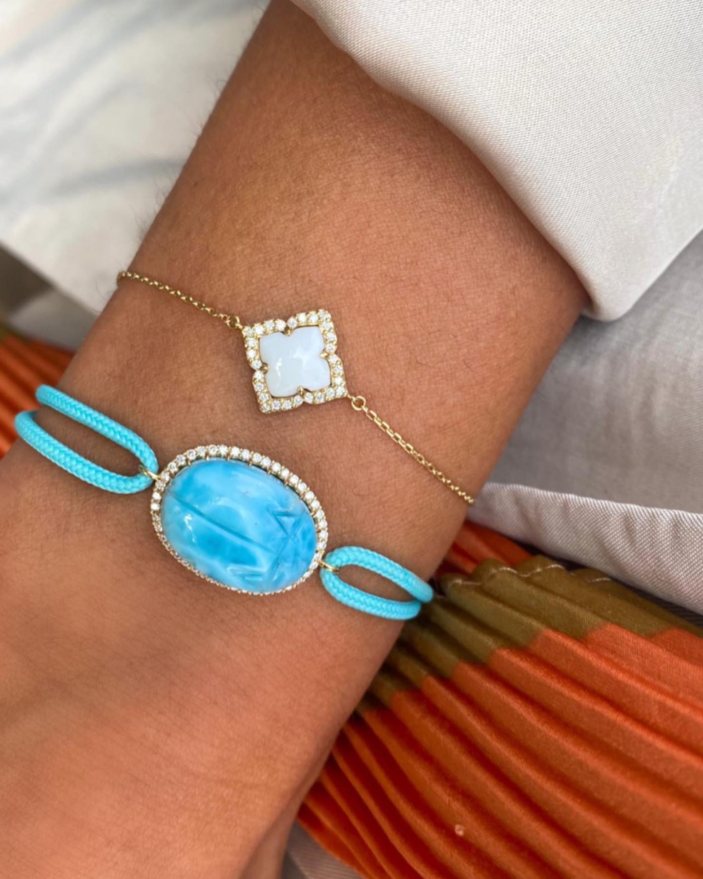 No new friends #myritazia ❤️ Gold Chakra Bracelet in White Agate and Diamonds & our very Special Monochrome Cord Gold Scarabée in Larimar and Diamonds
